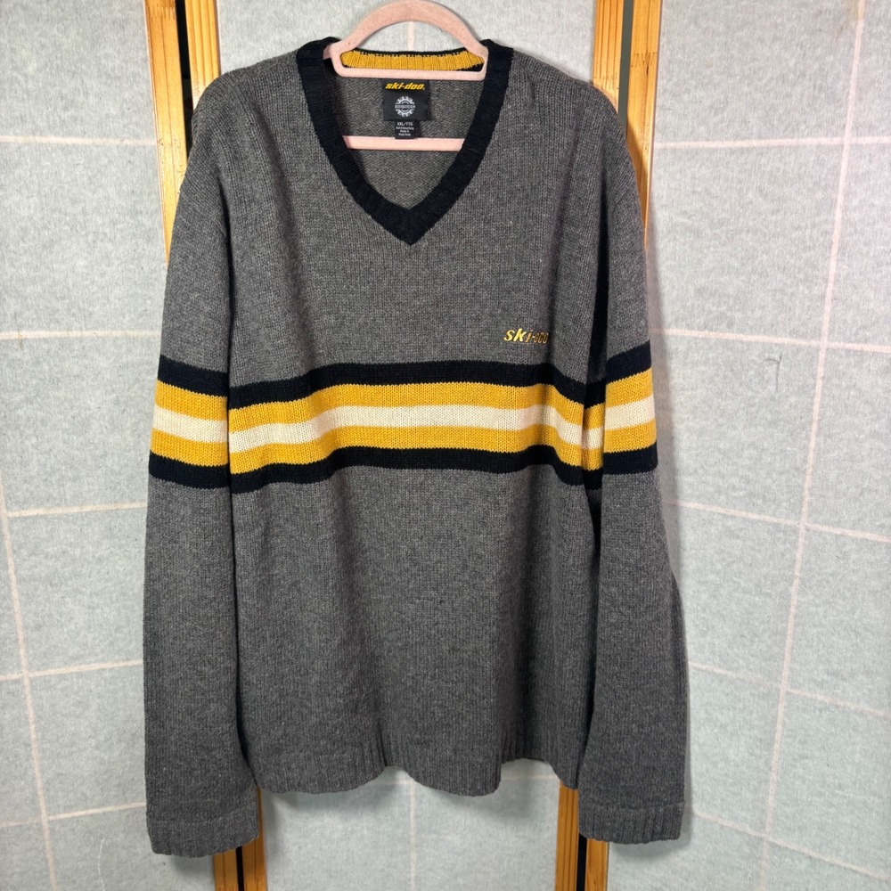 Ski-Doo Sweater XXL Gray V-Neck Bombardier Striped Knit Pullover Mens Wool